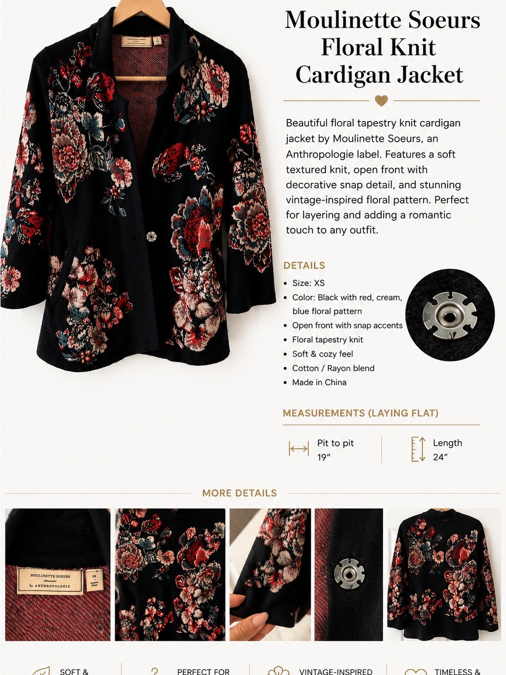 Anthropologie Moulinette floral tapestry knit cardigan Jacket XS boho cottage